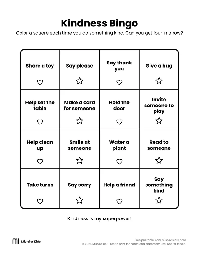 Kindness bingo page